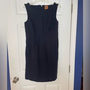 Tory Burch Sheath Dress Sleeveless Wool Blend Gold Logo Buttons Navy Lined Sz 10